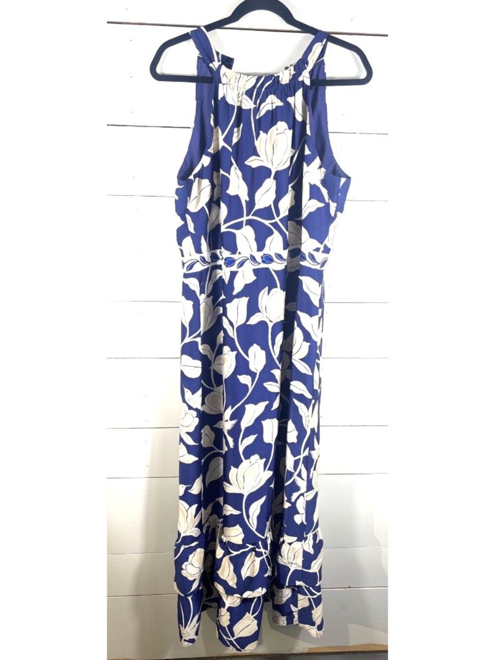 Maggy London Blue & White Floral Maxi Dress US 16 Sleeveless Polyester Spandex B